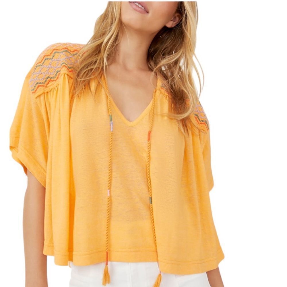 Free People Women's Market Embroidered V-Neck Top Orange, Size M, Nwt